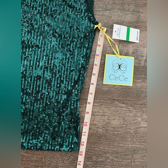 CeCe Sequined V-Neck Cap-Sleeve Green Blouse-Size Large - Picture 6 of 7